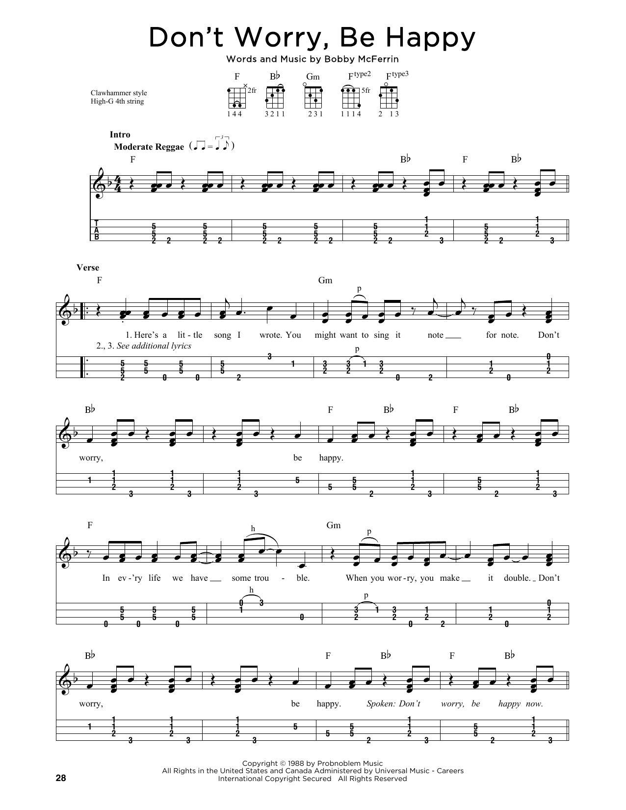 Bobby McFerrin Don't Worry, Be Happy (arr. Jim Schustedt) sheet music notes and chords arranged for Ukulele