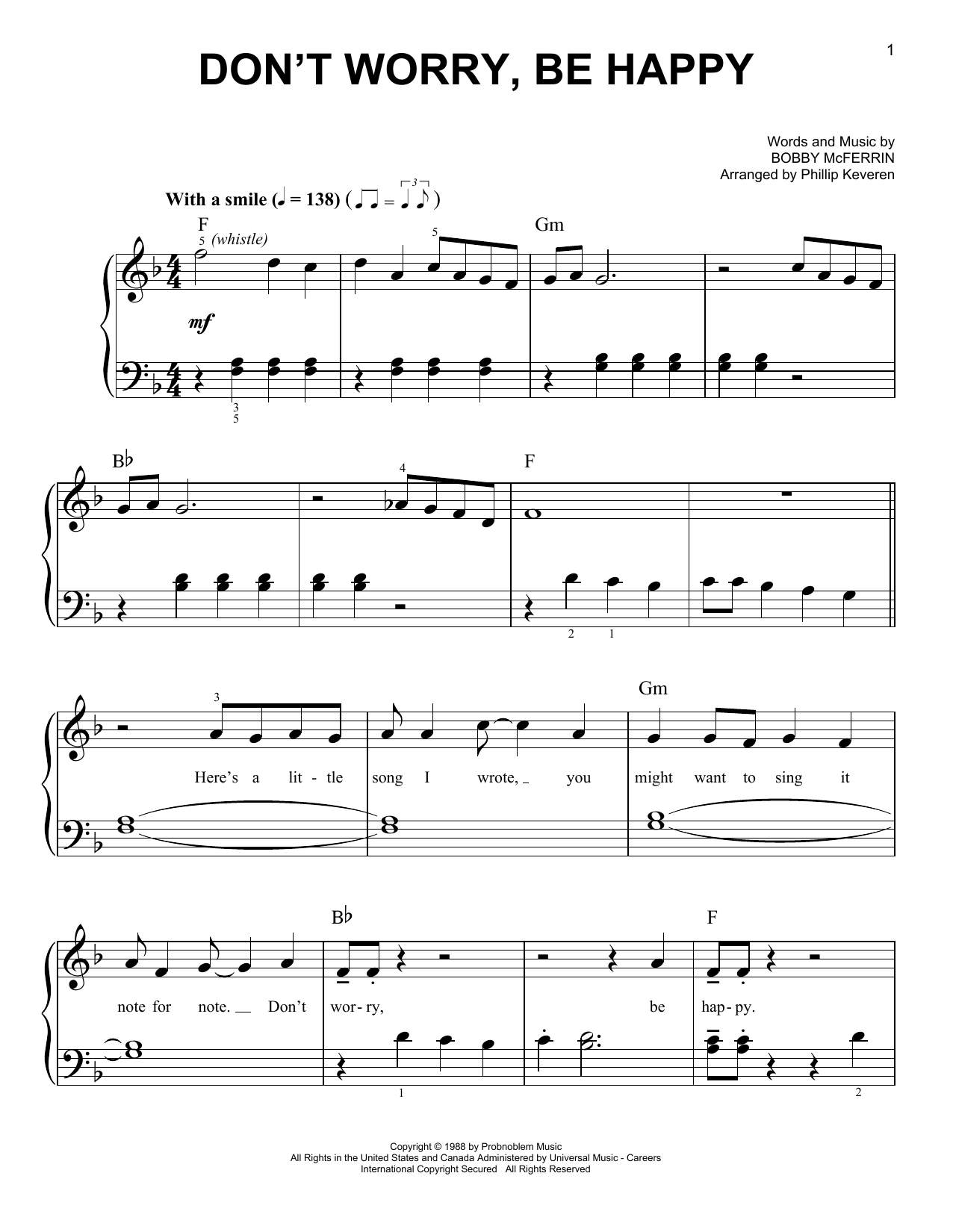 Bobby McFerrin Don't Worry, Be Happy (arr. Phillip Keveren) sheet music notes and chords arranged for Easy Piano