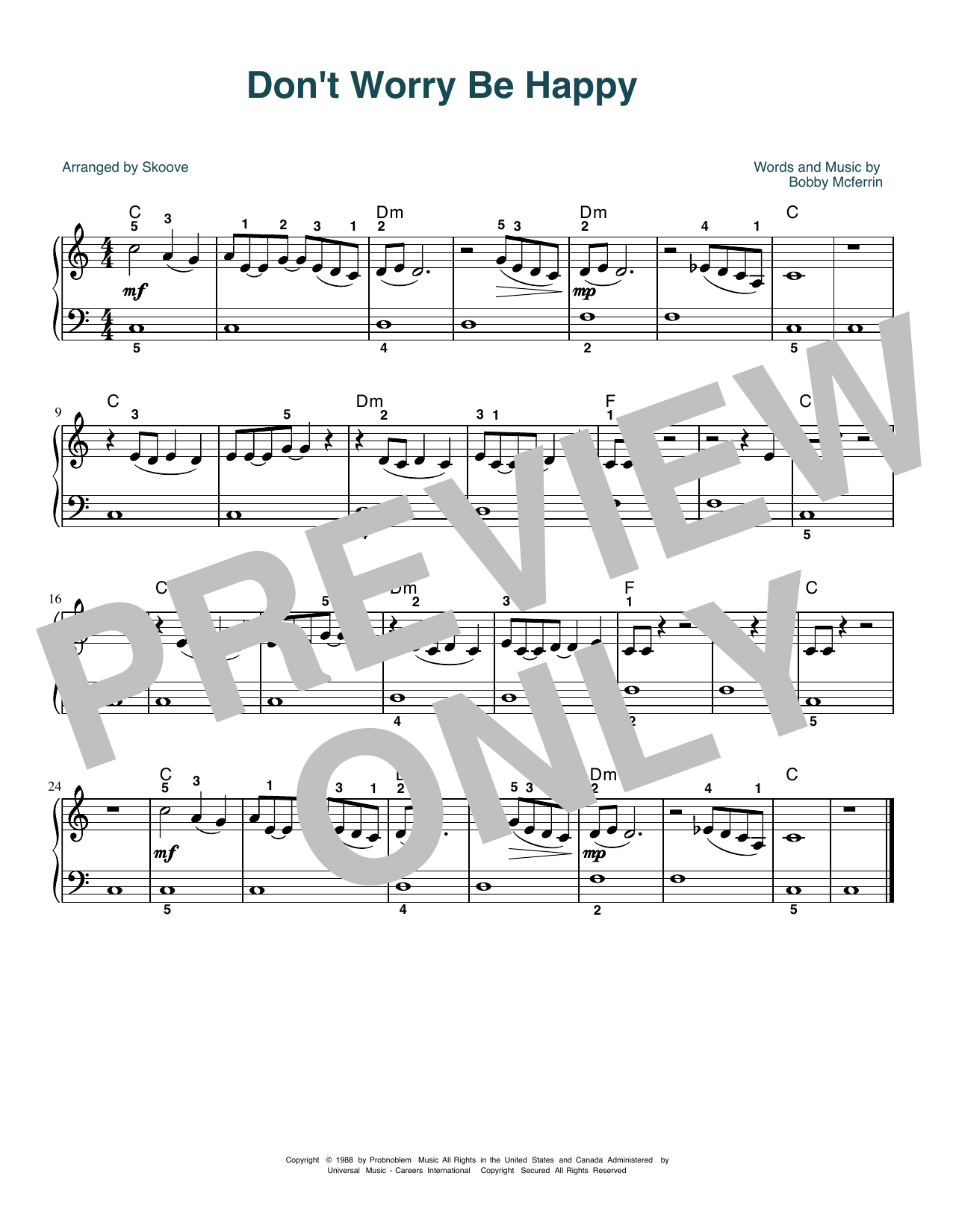 Bobby McFerrin Don't Worry, Be Happy (arr. Skoove) sheet music notes and chords arranged for Beginner Piano (Abridged)