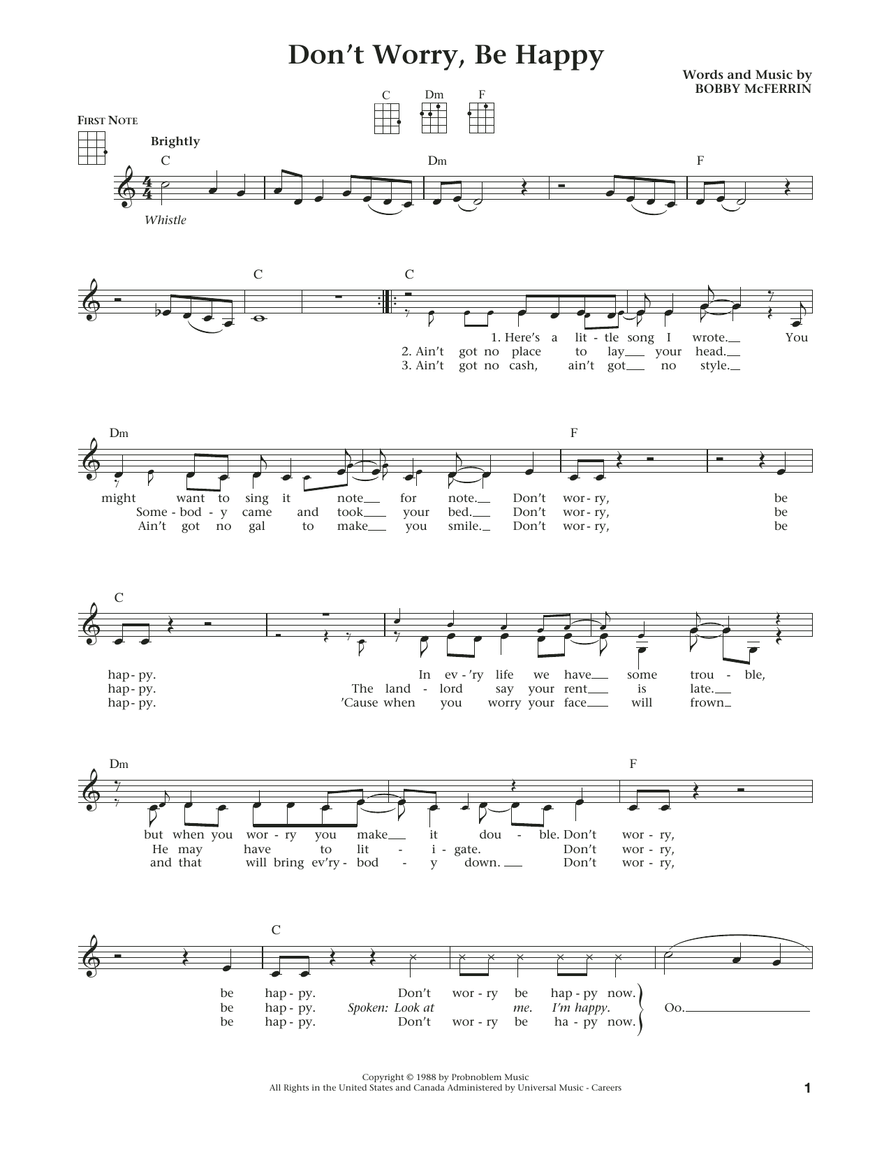 Bobby McFerrin Don't Worry, Be Happy (from The Daily Ukulele) (arr. Liz and Jim Beloff) sheet music notes and chords arranged for Ukulele