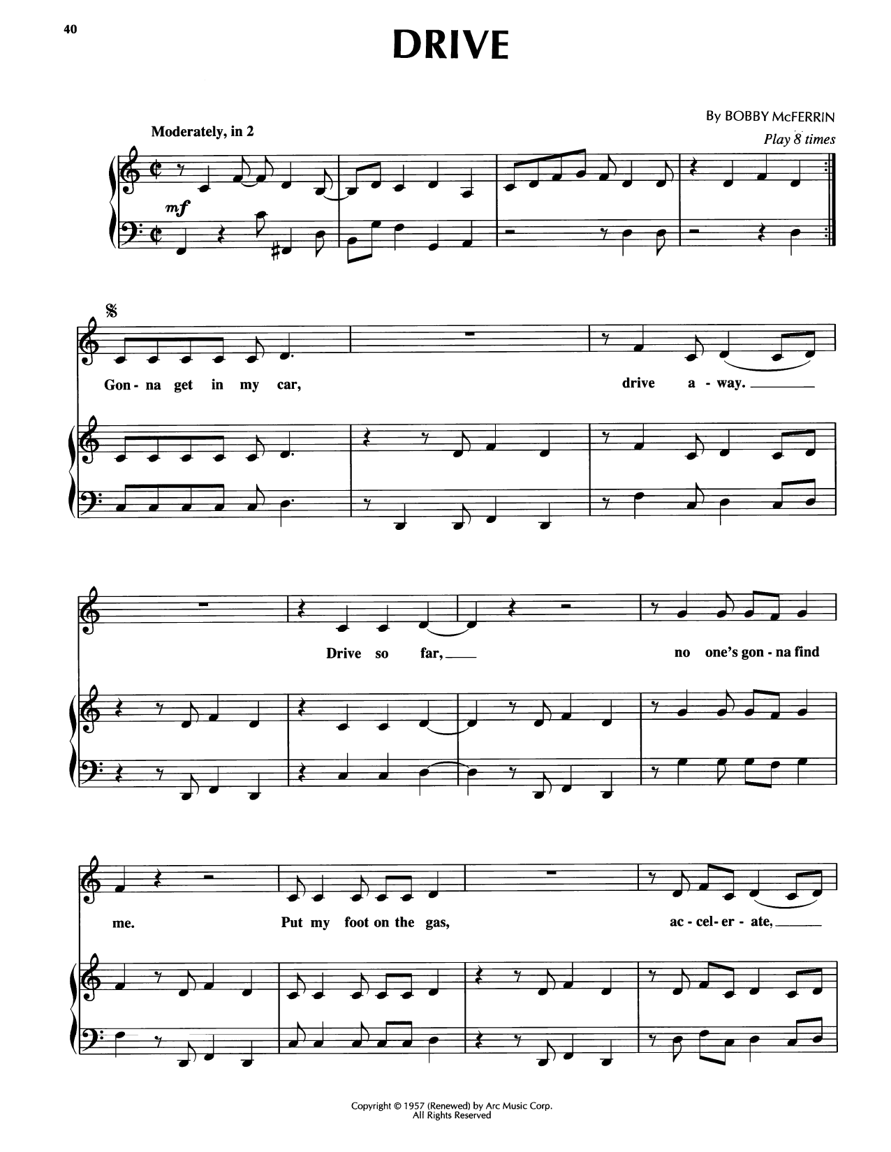 Bobby McFerrin Drive sheet music notes and chords arranged for Piano, Vocal & Guitar Chords (Right-Hand Melody)