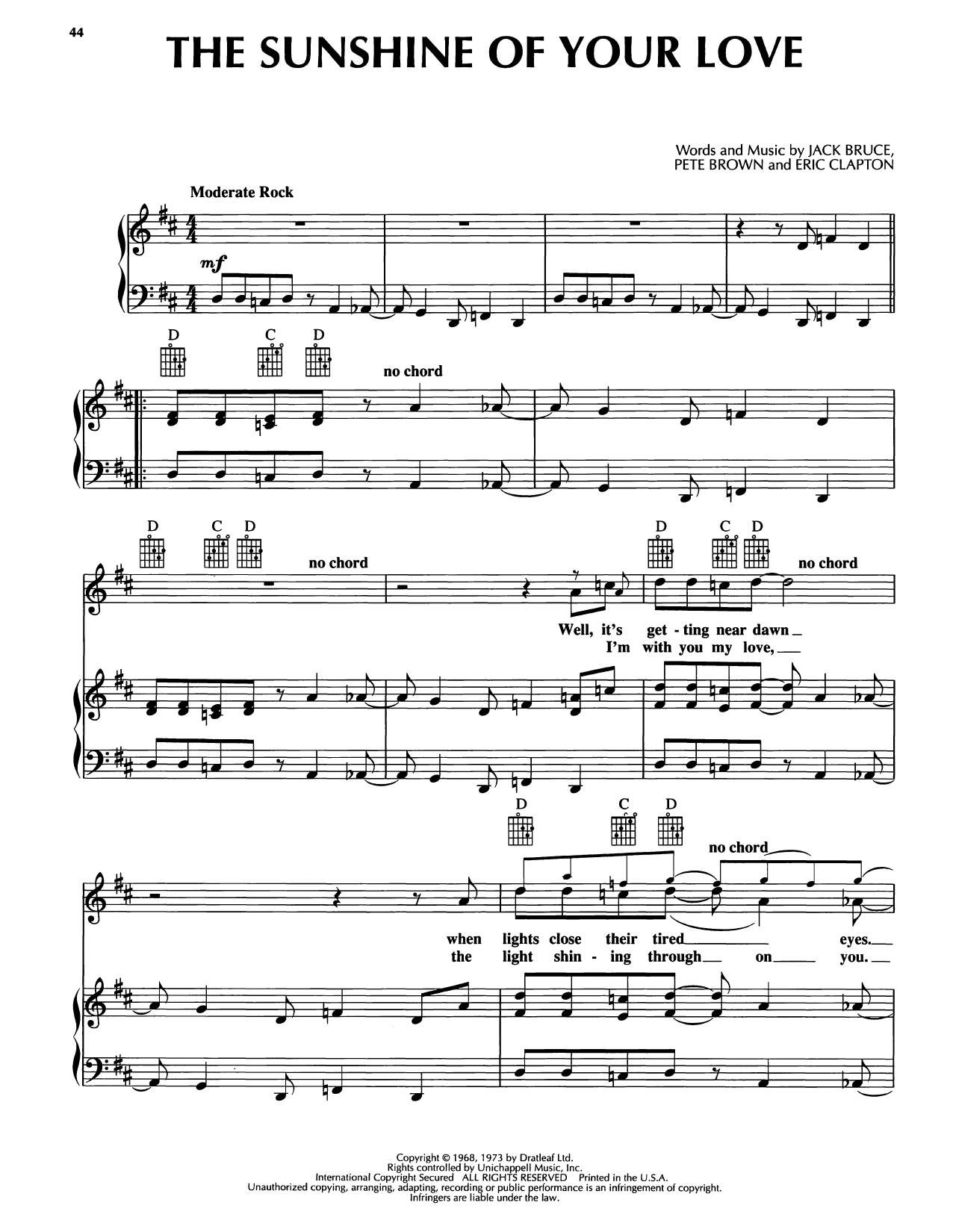 Bobby McFerrin Sunshine Of Your Love sheet music notes and chords arranged for Piano, Vocal & Guitar Chords (Right-Hand Melody)