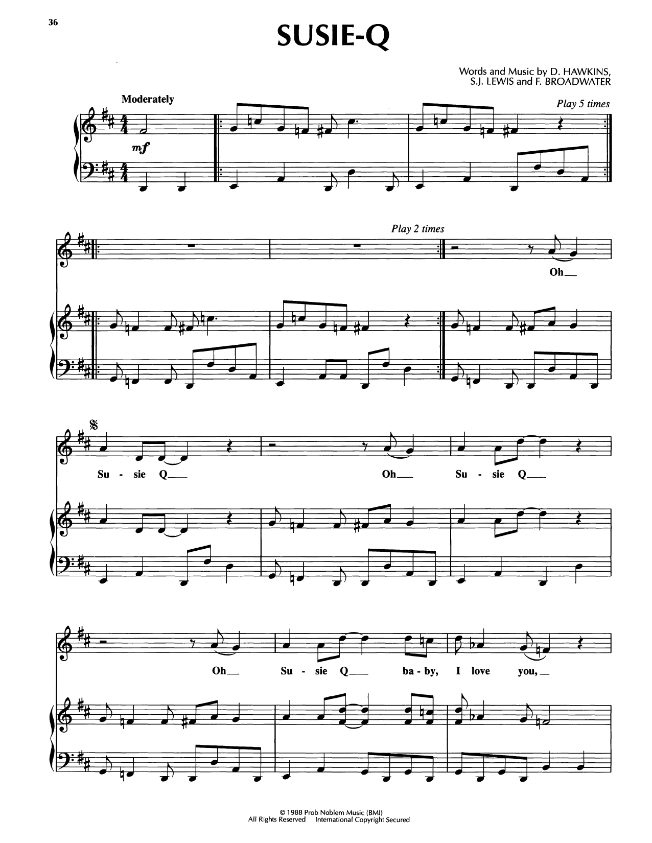 Bobby McFerrin Susie-Q sheet music notes and chords arranged for Piano, Vocal & Guitar Chords (Right-Hand Melody)