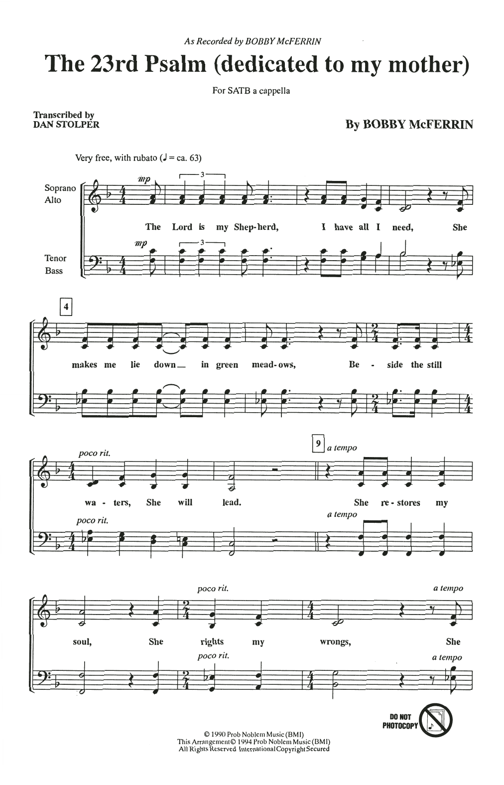 Bobby McFerrin The 23rd Psalm (Dedicated To My Mother) sheet music notes and chords arranged for SATB Choir