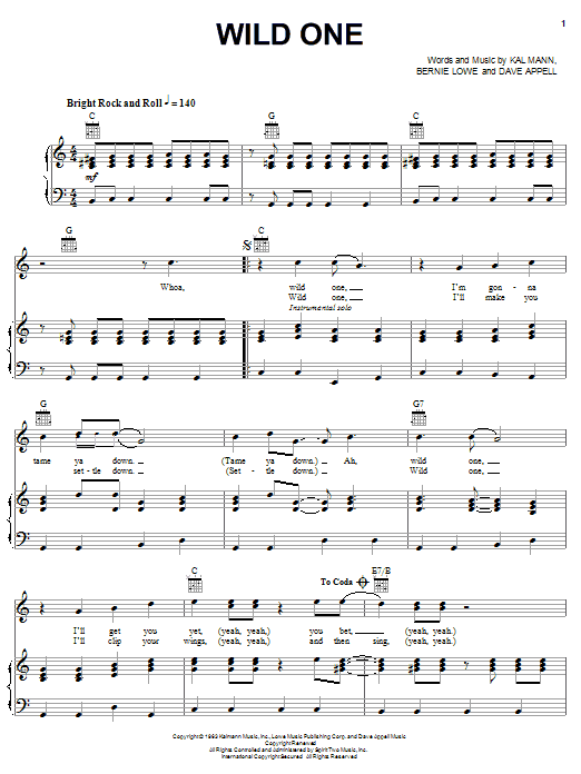 Bobby Rydell Wild One sheet music notes and chords arranged for Piano, Vocal & Guitar Chords (Right-Hand Melody)
