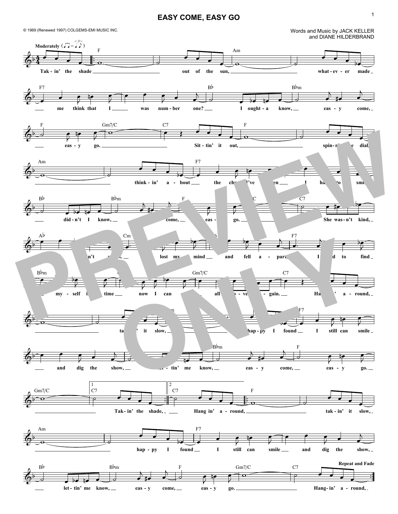Bobby Sherman Easy Come, Easy Go sheet music notes and chords arranged for Lead Sheet / Fake Book