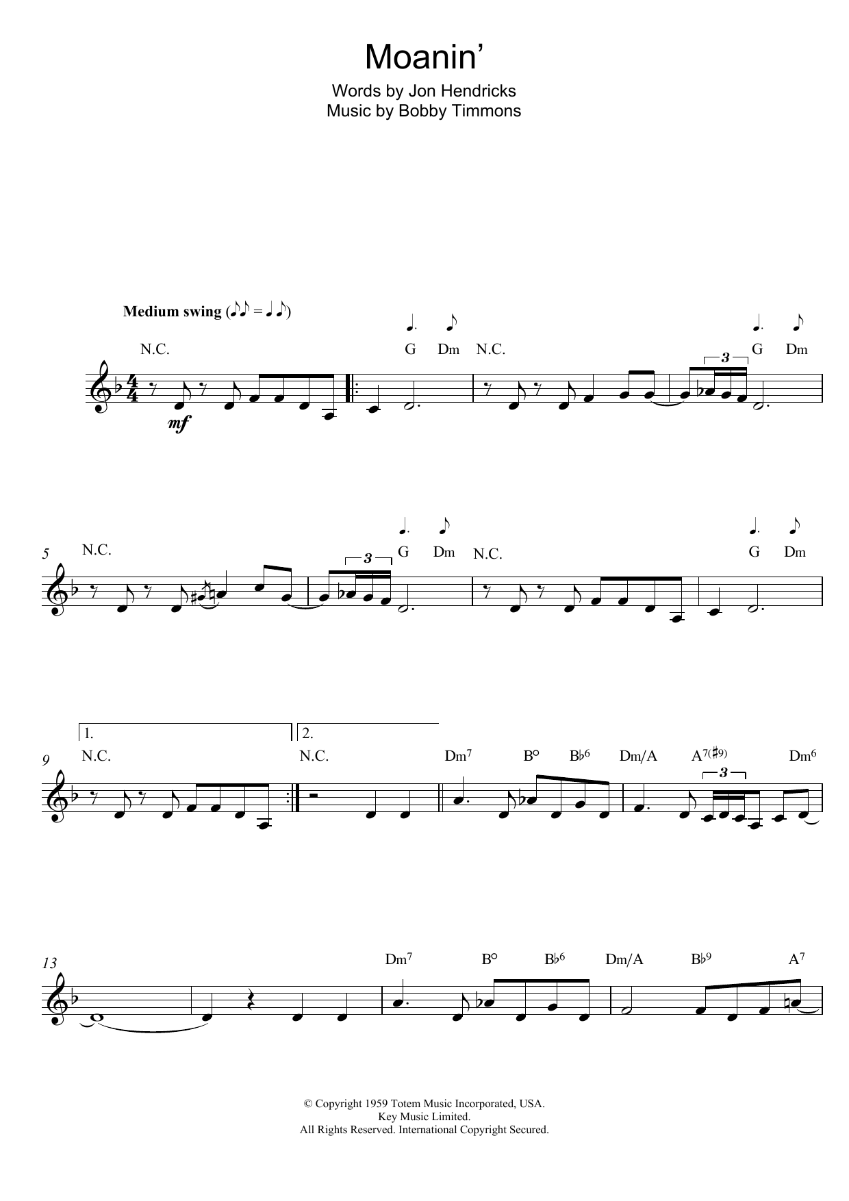 Bobby Timmons Moanin' sheet music notes and chords arranged for Piano Chords/Lyrics