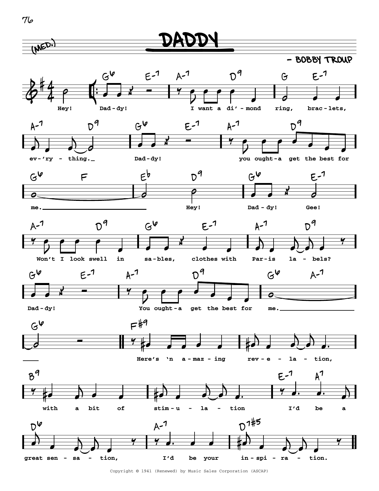 Bobby Troup Daddy (Low Voice) sheet music notes and chords arranged for Real Book – Melody, Lyrics & Chords