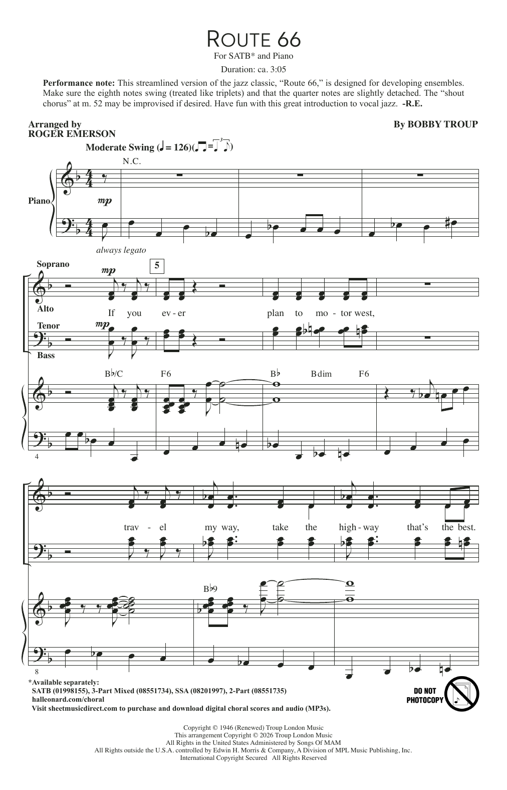 Bobby Troup Route 66 (arr. Roger Emerson) sheet music notes and chords arranged for SATB Choir
