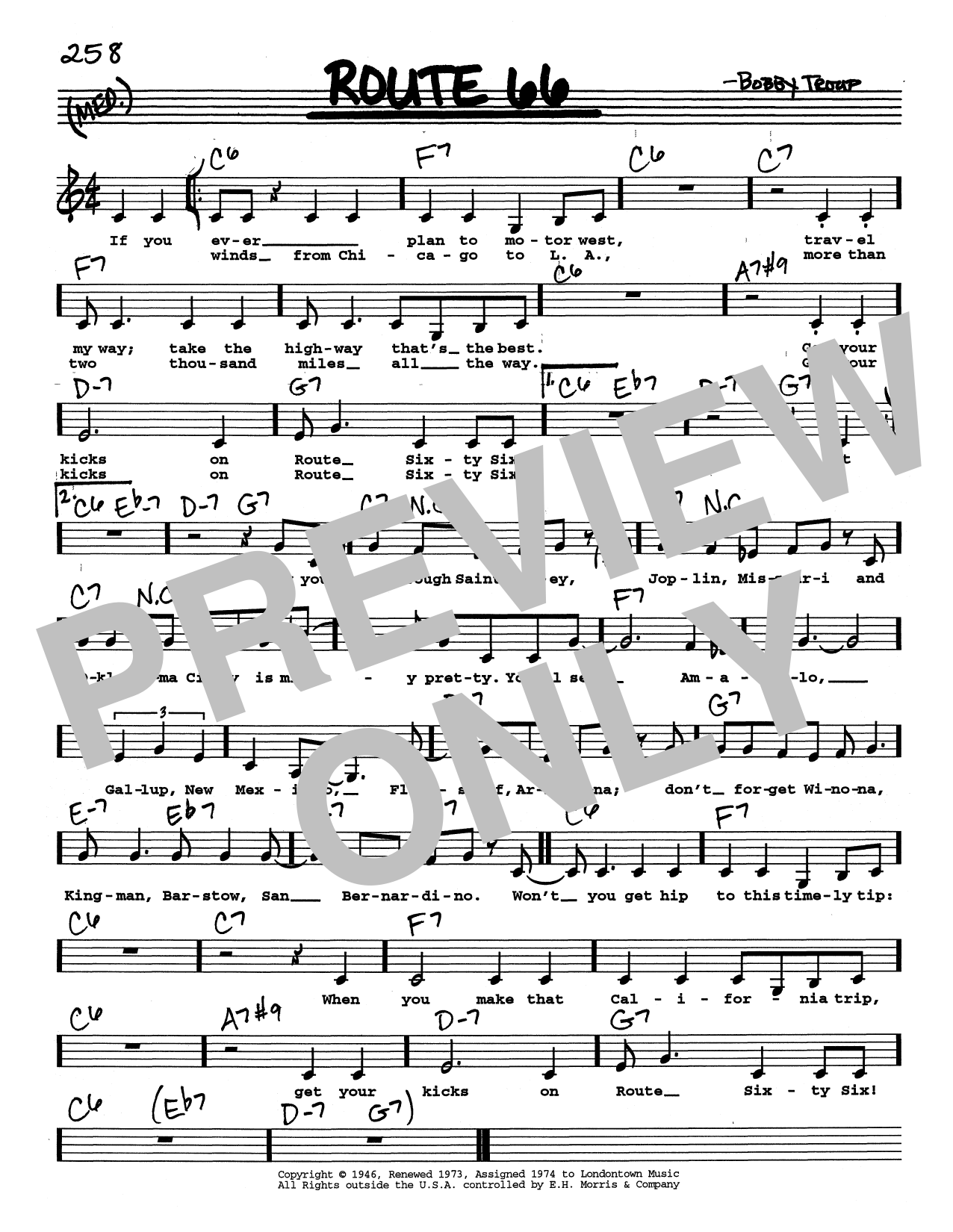 Bobby Troup Route 66 (Low Voice) sheet music notes and chords arranged for Real Book – Melody, Lyrics & Chords