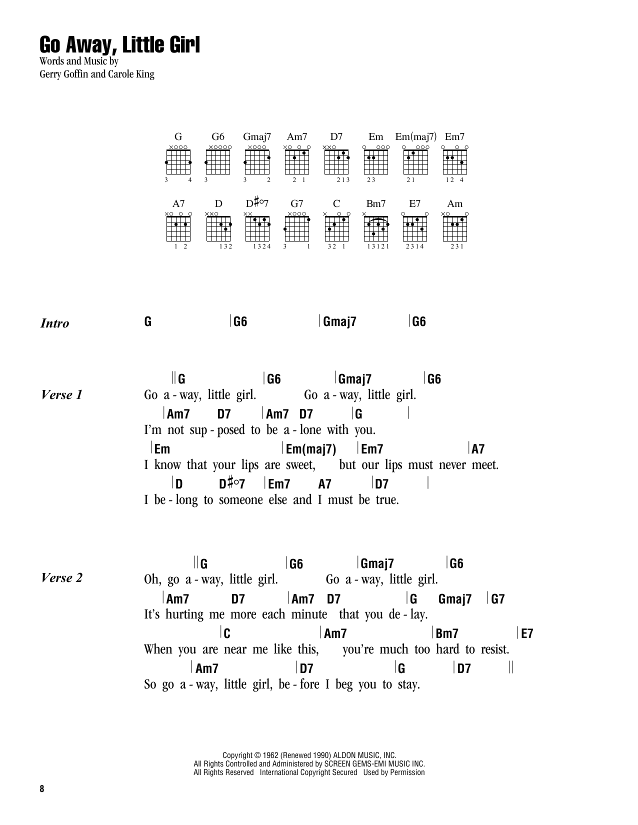 Carole King Go Away, Little Girl sheet music notes and chords arranged for Guitar Chords/Lyrics