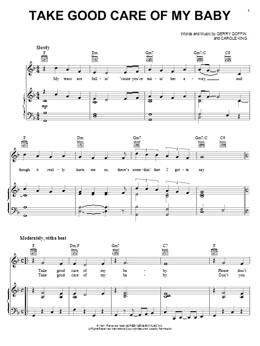 Bobby Vee Take Good Care Of My Baby sheet music notes and chords arranged for Piano, Vocal & Guitar Chords (Right-Hand Melody)