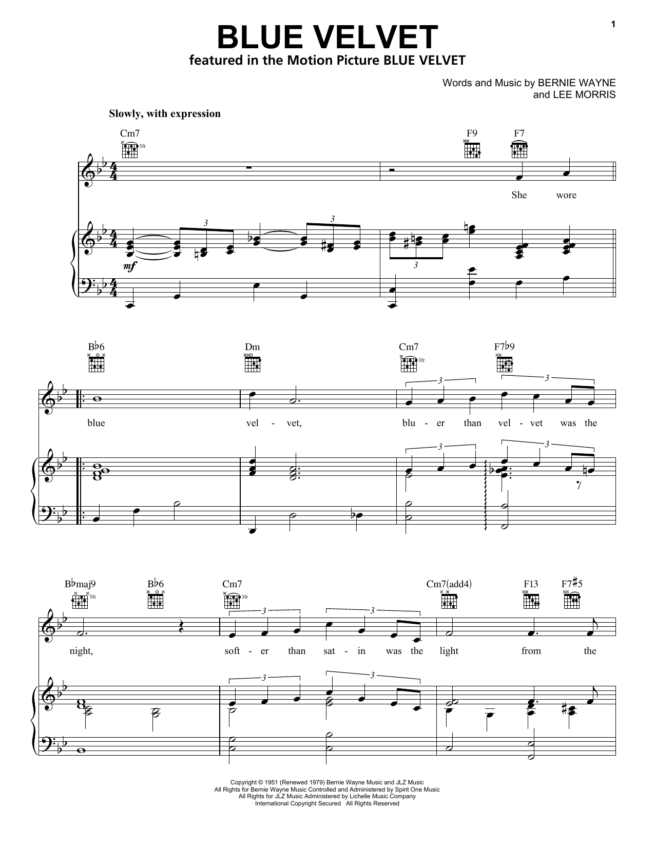 Bobby Vinton Blue Velvet sheet music notes and chords arranged for Pro Vocal