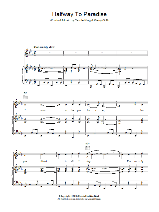 Carole King Halfway To Paradise sheet music notes and chords arranged for Piano, Vocal & Guitar Chords