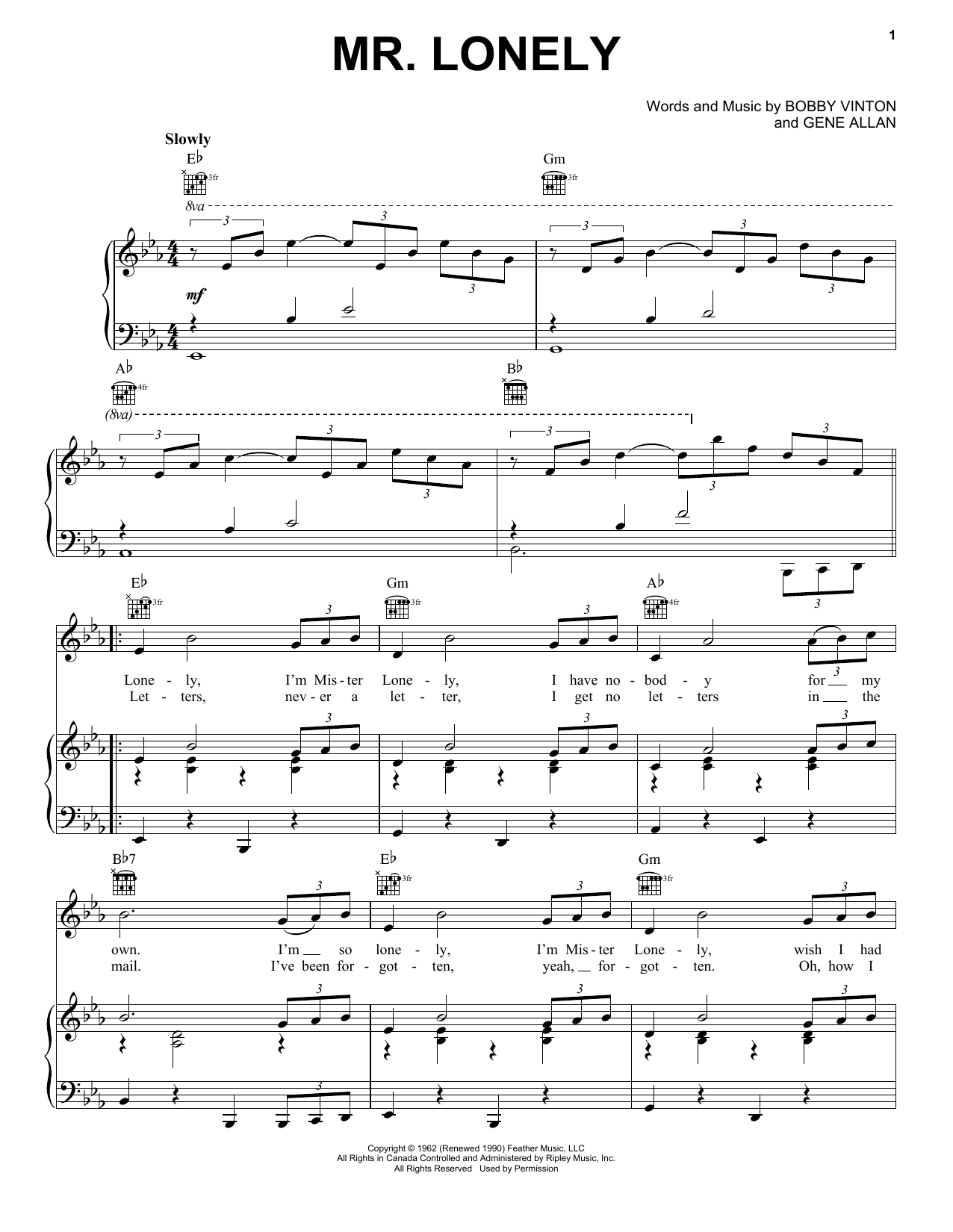 Bobby Vinton Mr. Lonely sheet music notes and chords arranged for Piano, Vocal & Guitar Chords (Right-Hand Melody)