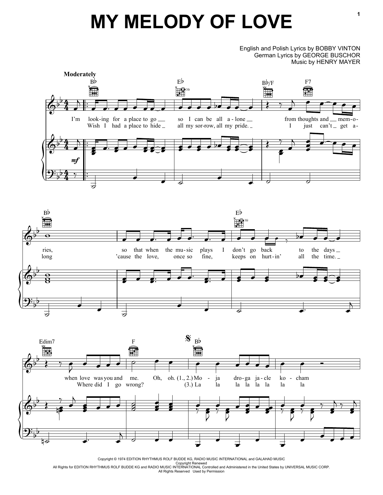 Bobby Vinton My Melody Of Love sheet music notes and chords arranged for Piano, Vocal & Guitar Chords (Right-Hand Melody)