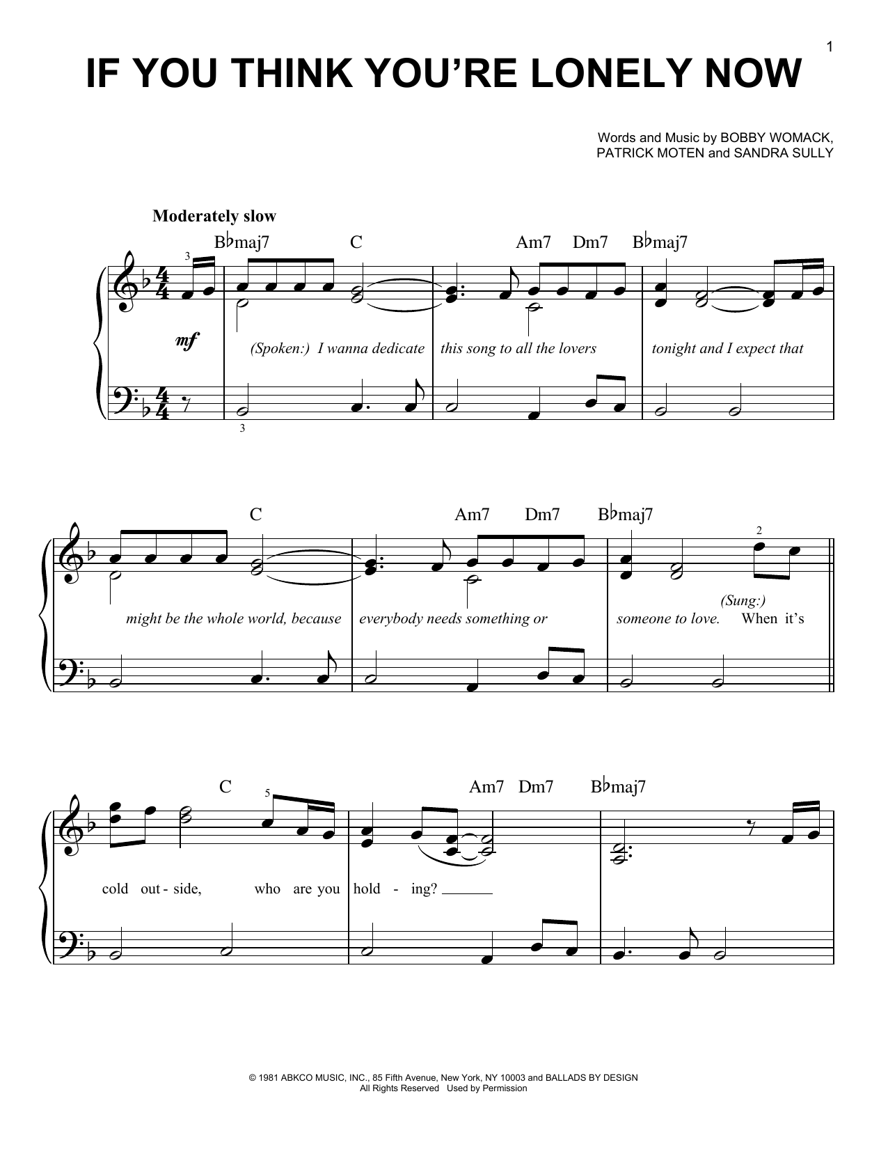Bobby Womack If You Think You're Lonely Now sheet music notes and chords arranged for Easy Piano