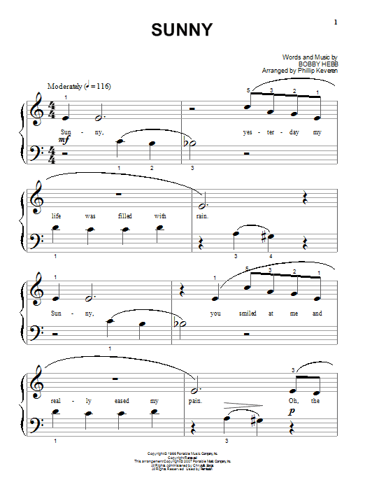 Bobby Hebb Sunny (arr. Phillip Keveren) sheet music notes and chords arranged for Big Note Piano