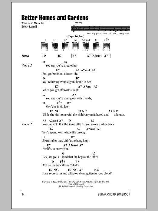 Bobby Russell Better Homes And Gardens sheet music notes and chords. Download Printable PDF.