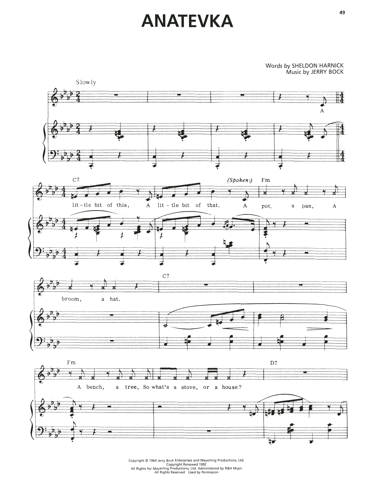Bock & Harnick Anatevka (from Fiddler On The Roof) sheet music notes and chords arranged for Piano & Vocal