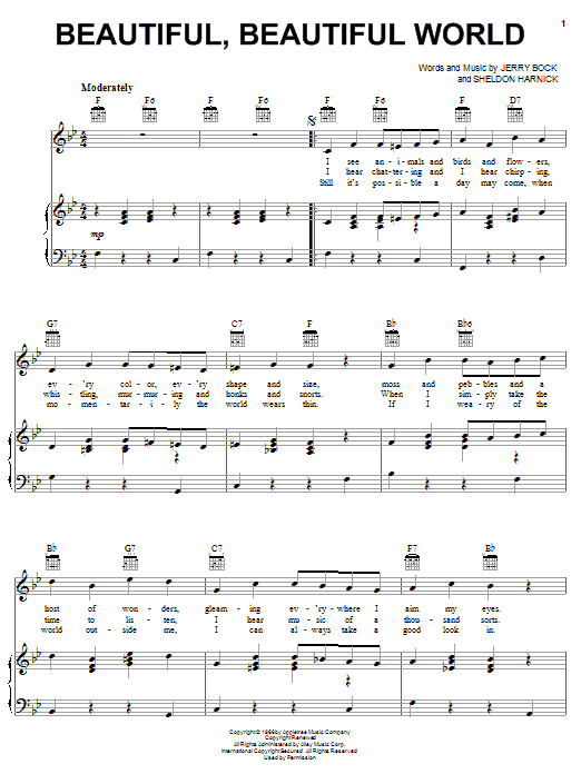 Bock & Harnick Beautiful, Beautiful World (from The Apple Tree) sheet music notes and chords arranged for Piano, Vocal & Guitar Chords (Right-Hand Melody)