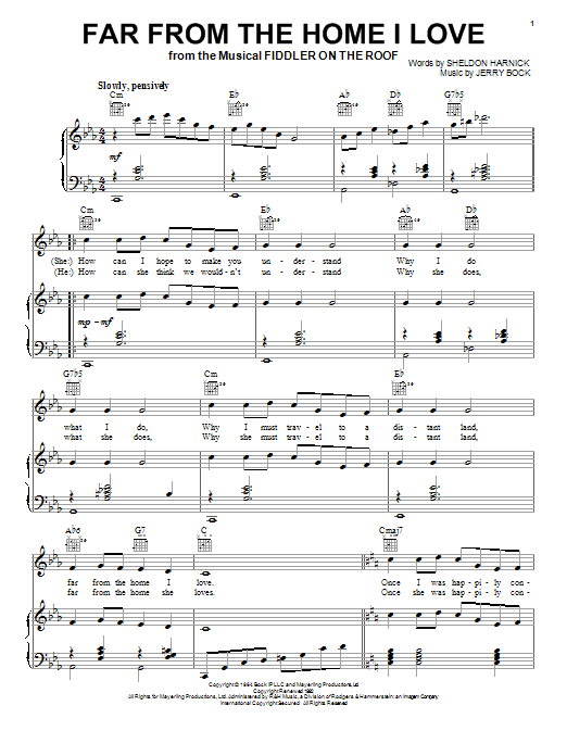 Bock & Harnick Far From The Home I Love sheet music notes and chords arranged for Piano, Vocal & Guitar Chords (Right-Hand Melody)