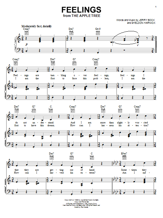Bock & Harnick Feelings (from The Apple Tree) sheet music notes and chords arranged for Piano, Vocal & Guitar Chords (Right-Hand Melody)
