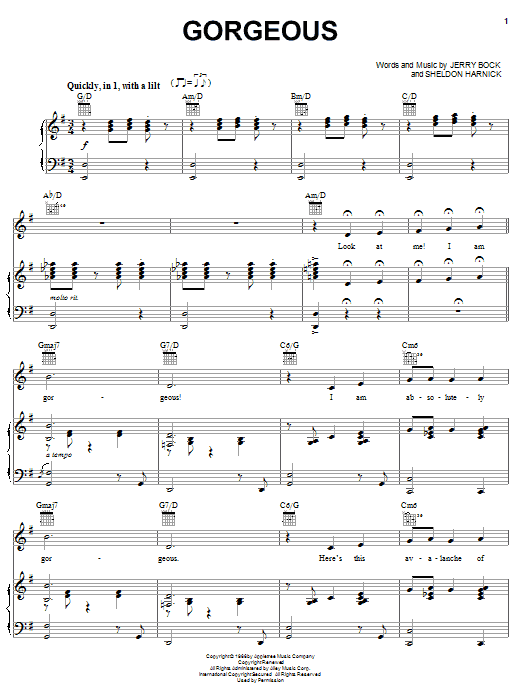 Bock & Harnick Gorgeous (from The Apple Tree) sheet music notes and chords arranged for Piano, Vocal & Guitar Chords (Right-Hand Melody)
