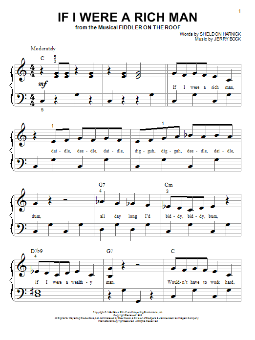 Bock & Harnick If I Were A Rich Man sheet music notes and chords arranged for Big Note Piano