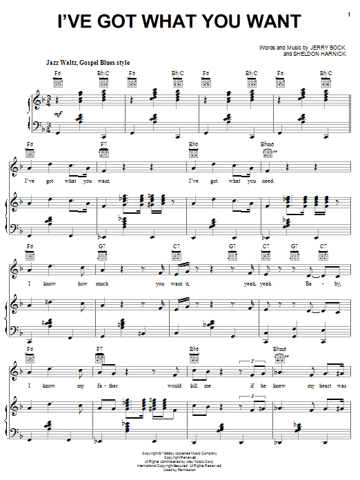 Bock & Harnick I've Got What You Want (from The Apple Tree) sheet music notes and chords arranged for Piano, Vocal & Guitar Chords (Right-Hand Melody)
