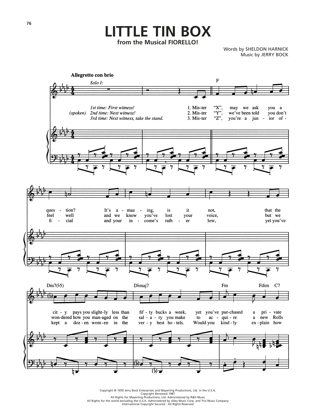 Bock & Harnick Little Tin Box (from Fiorello) sheet music notes and chords arranged for Piano & Vocal