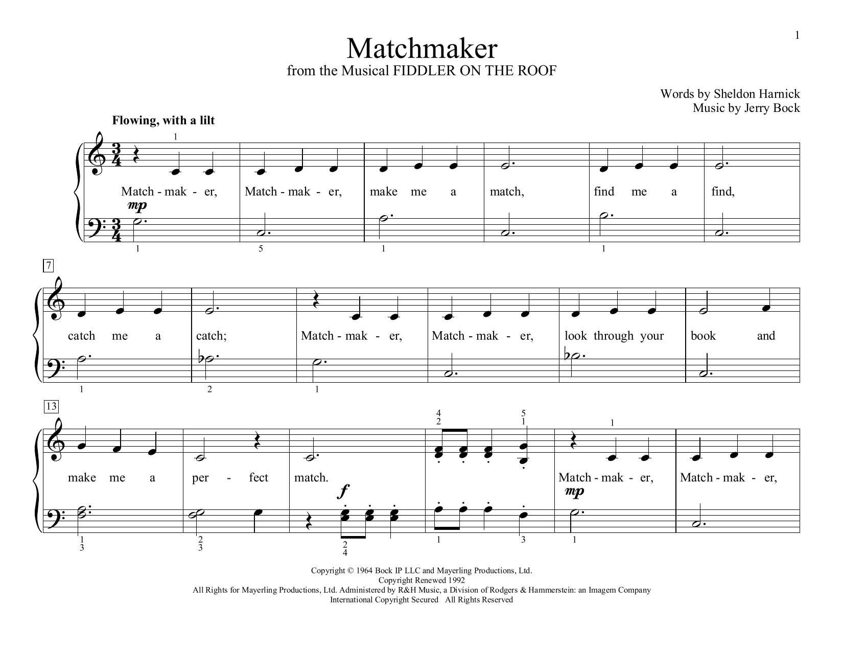 Bock & Harnick Matchmaker (from Fiddler on the Roof) (arr. Christopher Hussey) sheet music notes and chords arranged for Educational Piano