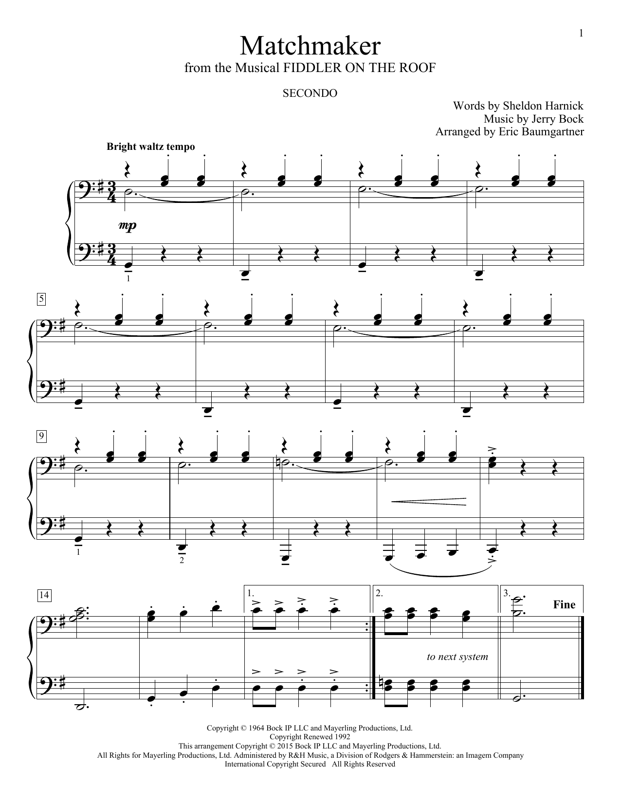 Bock & Harnick Matchmaker (from Fiddler On The Roof) (arr. Eric Baumgartner) sheet music notes and chords arranged for Piano Duet