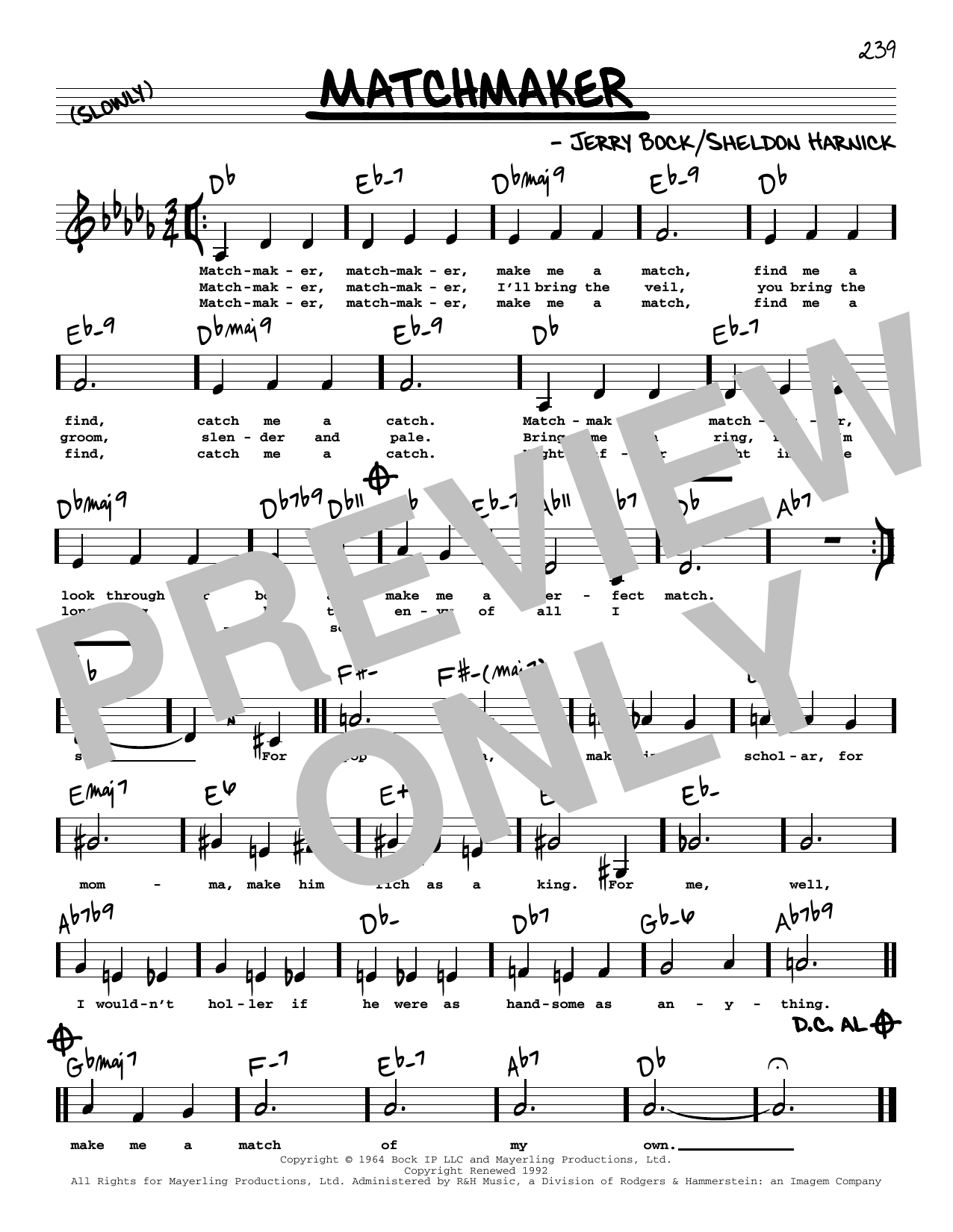 Bock & Harnick Matchmaker (Low Voice) (from Fiddler On The Roof) sheet music notes and chords arranged for Real Book – Melody, Lyrics & Chords