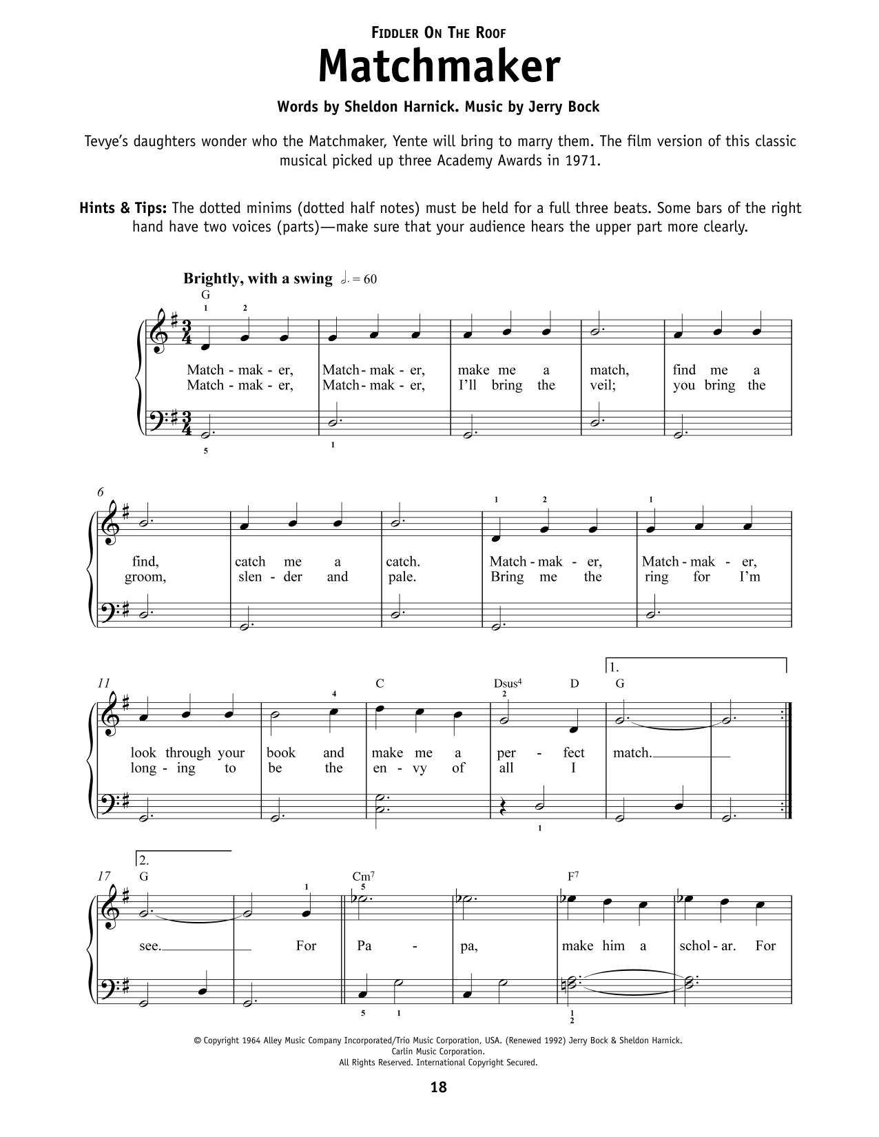 Bock & Harnick Matchmaker Matchmaker (from Fiddler On The Roof) sheet music notes and chords arranged for Really Easy Piano