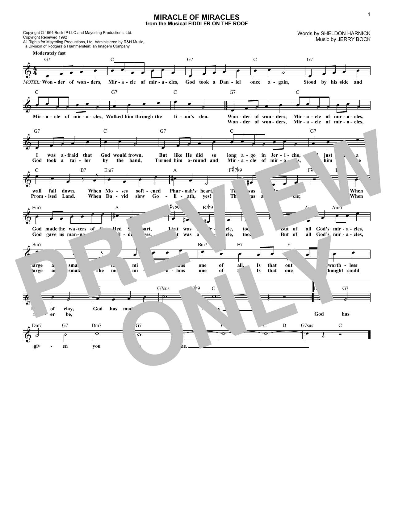 Bock & Harnick Miracle Of Miracles (from Fiddler On The Roof) sheet music notes and chords arranged for Lead Sheet / Fake Book