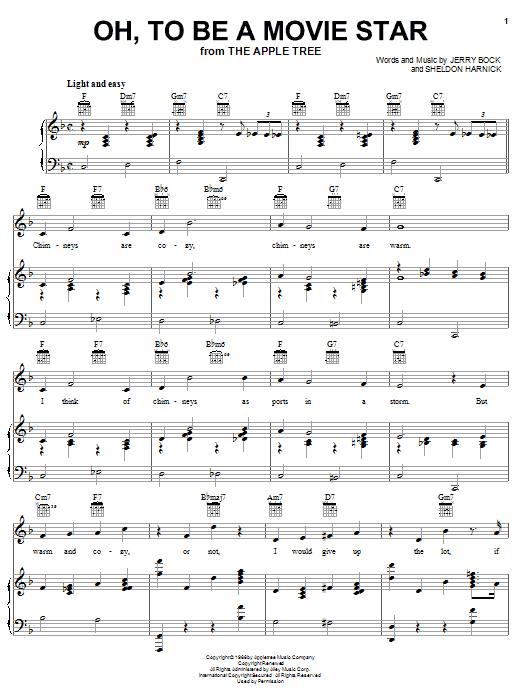 Bock & Harnick Oh, To Be A Movie Star (from The Apple Tree) sheet music notes and chords arranged for Piano, Vocal & Guitar Chords (Right-Hand Melody)
