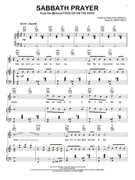 Bock & Harnick Sabbath Prayer sheet music notes and chords arranged for Piano, Vocal & Guitar Chords (Right-Hand Melody)