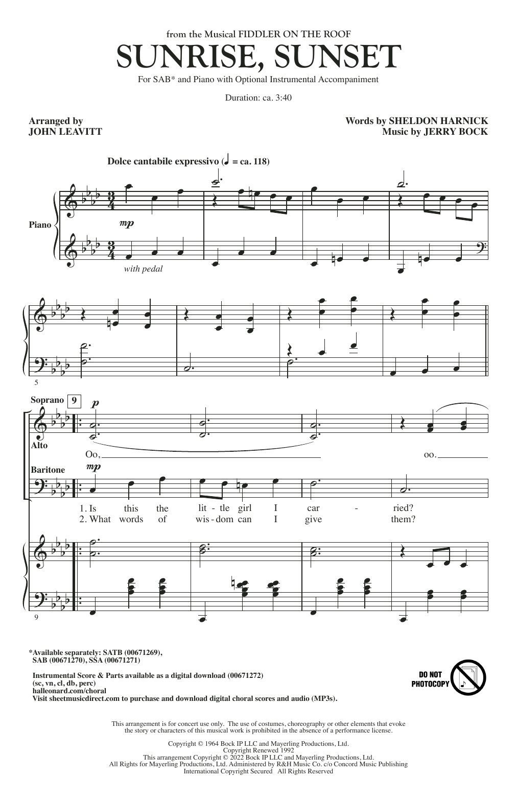 Bock & Harnick Sunrise, Sunset (from Fiddler On The Roof) (arr. John Leavitt) sheet music notes and chords arranged for SAB Choir