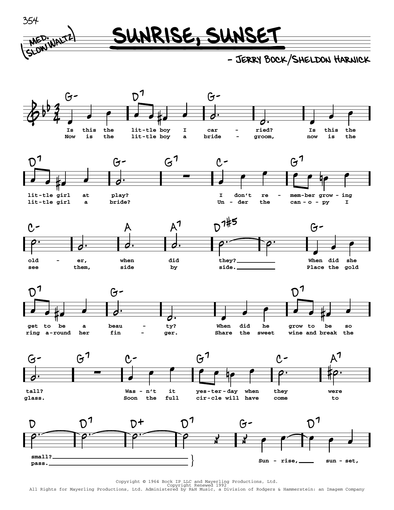 Bock & Harnick Sunrise, Sunset (from Fiddler On The Roof) (High Voice) sheet music notes and chords arranged for Real Book – Melody, Lyrics & Chords