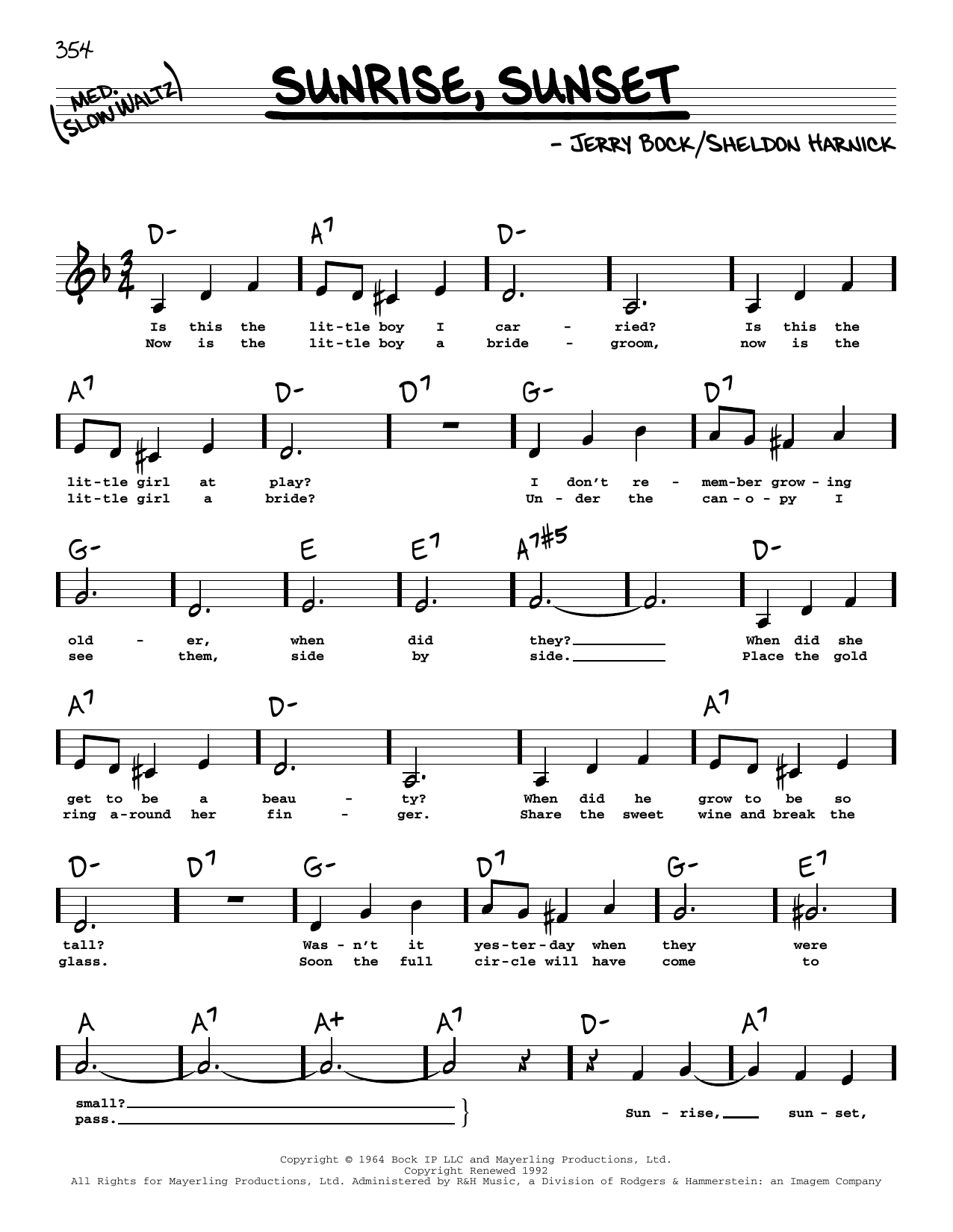 Bock & Harnick Sunrise, Sunset (from Fiddler On The Roof) (Low Voice) sheet music notes and chords arranged for Real Book – Melody, Lyrics & Chords