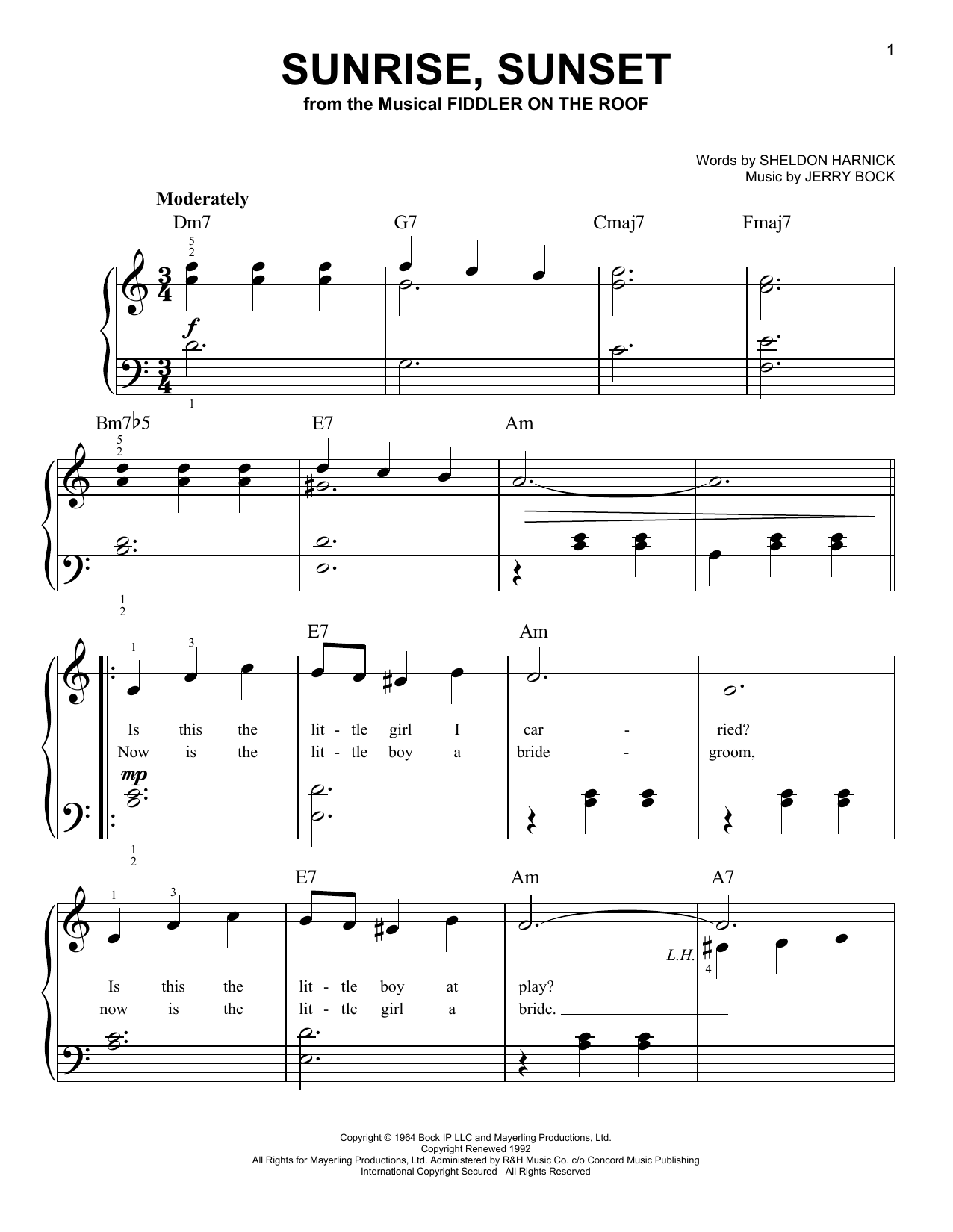 Bock & Harnick Sunrise, Sunset sheet music notes and chords arranged for Piano Solo