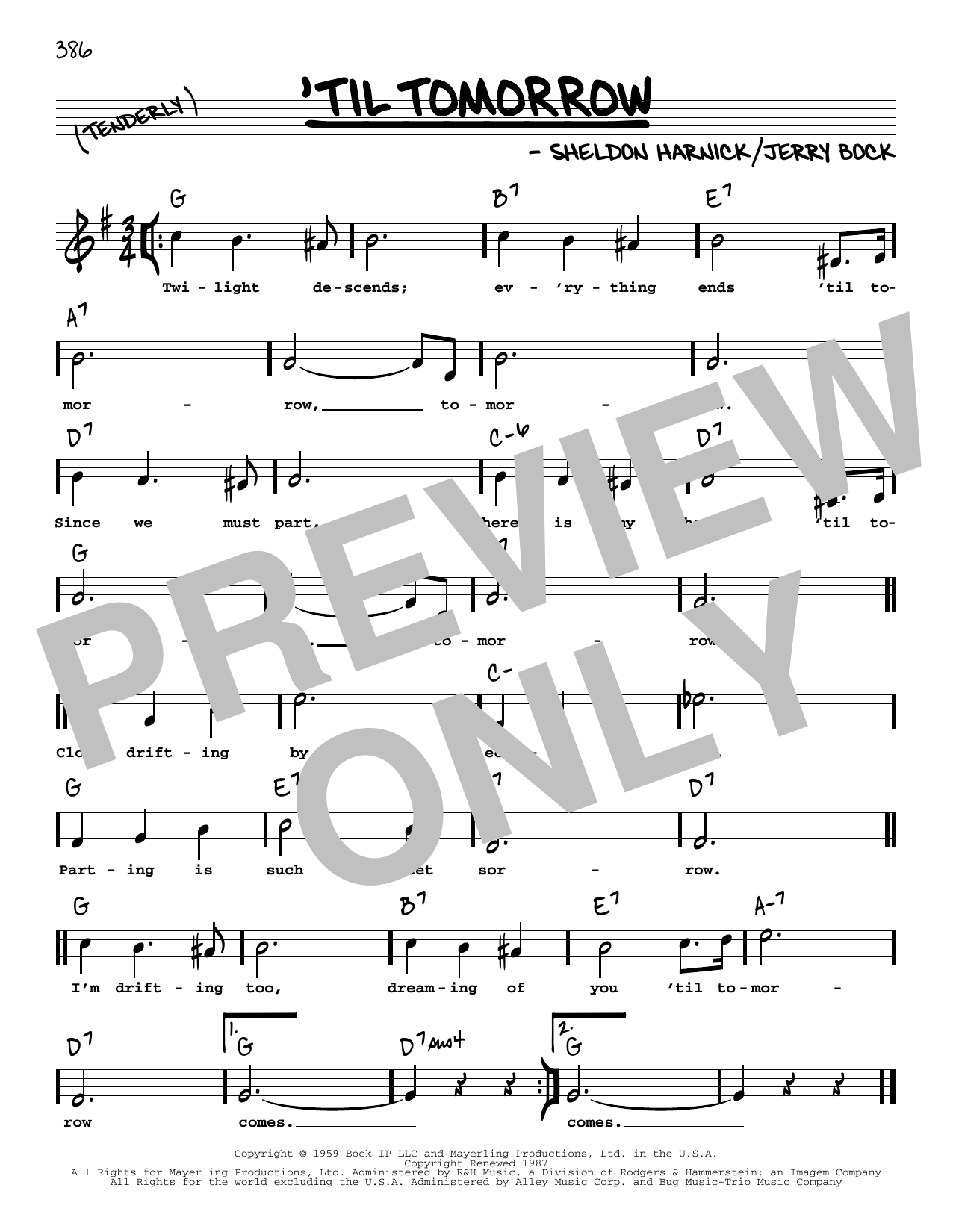 Bock & Harnick 'Til Tomorrow (High Voice) sheet music notes and chords arranged for Real Book – Melody, Lyrics & Chords
