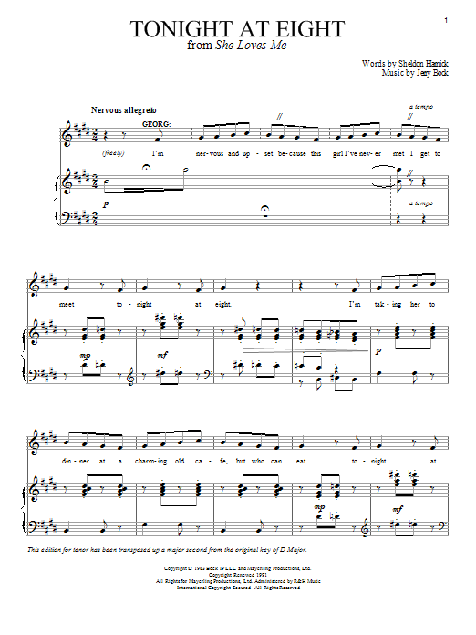 Bock & Harnick Tonight At Eight sheet music notes and chords arranged for Piano & Vocal