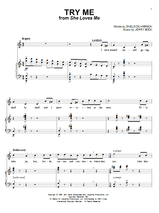 Bock & Harnick Try Me sheet music notes and chords arranged for Piano & Vocal