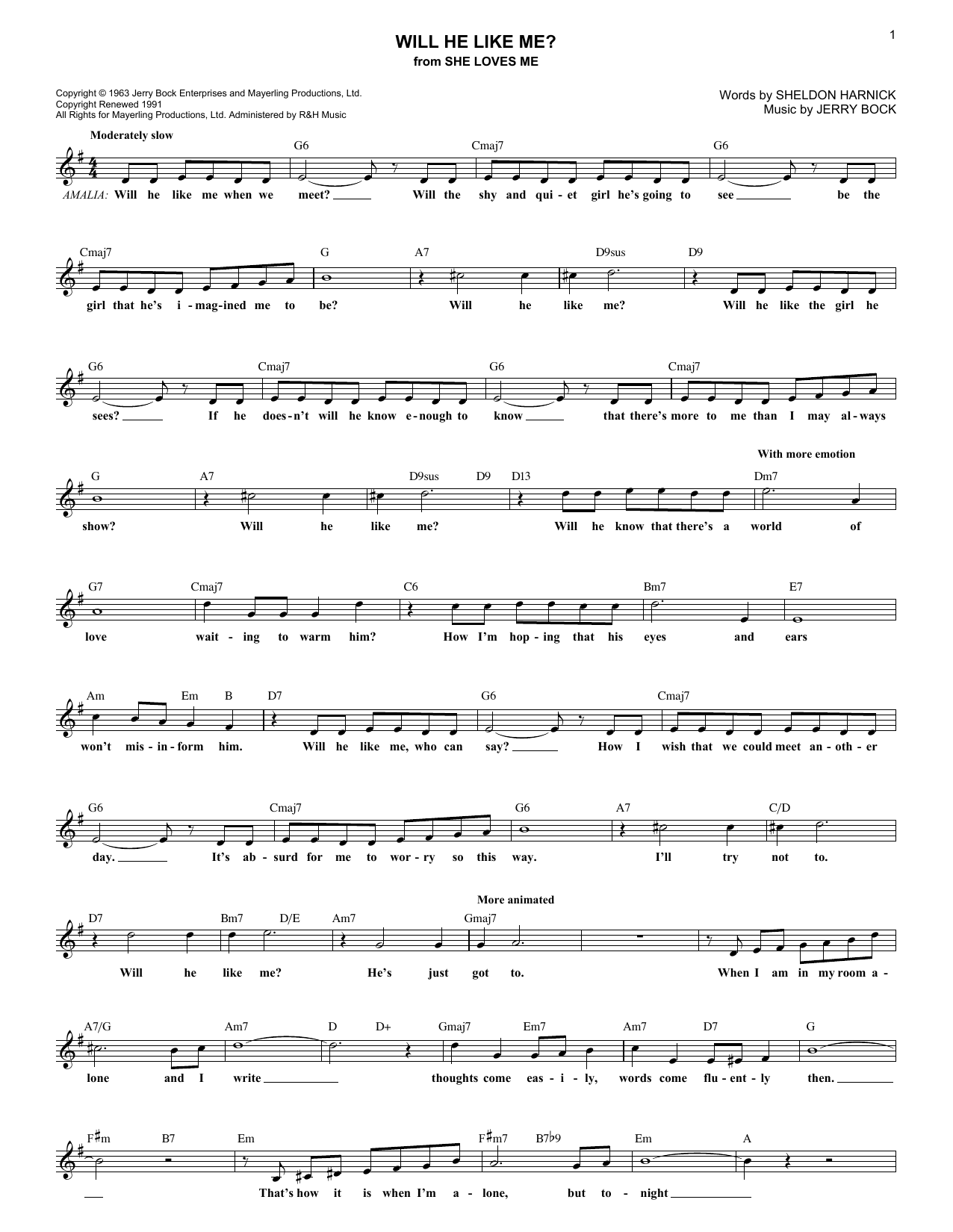 Bock & Harnick Will He Like Me? sheet music notes and chords arranged for Lead Sheet / Fake Book