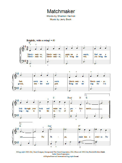 Bock & Harnick Matchmaker (from Fiddler On The Roof) sheet music notes and chords. Download Printable PDF.