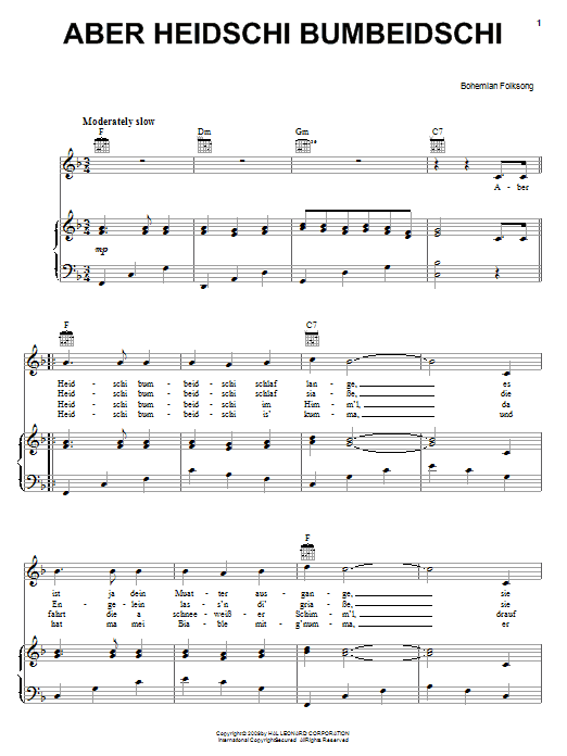 Bohemian Folksong Aber Heidschi Bumbeidschi sheet music notes and chords arranged for Piano, Vocal & Guitar Chords (Right-Hand Melody)