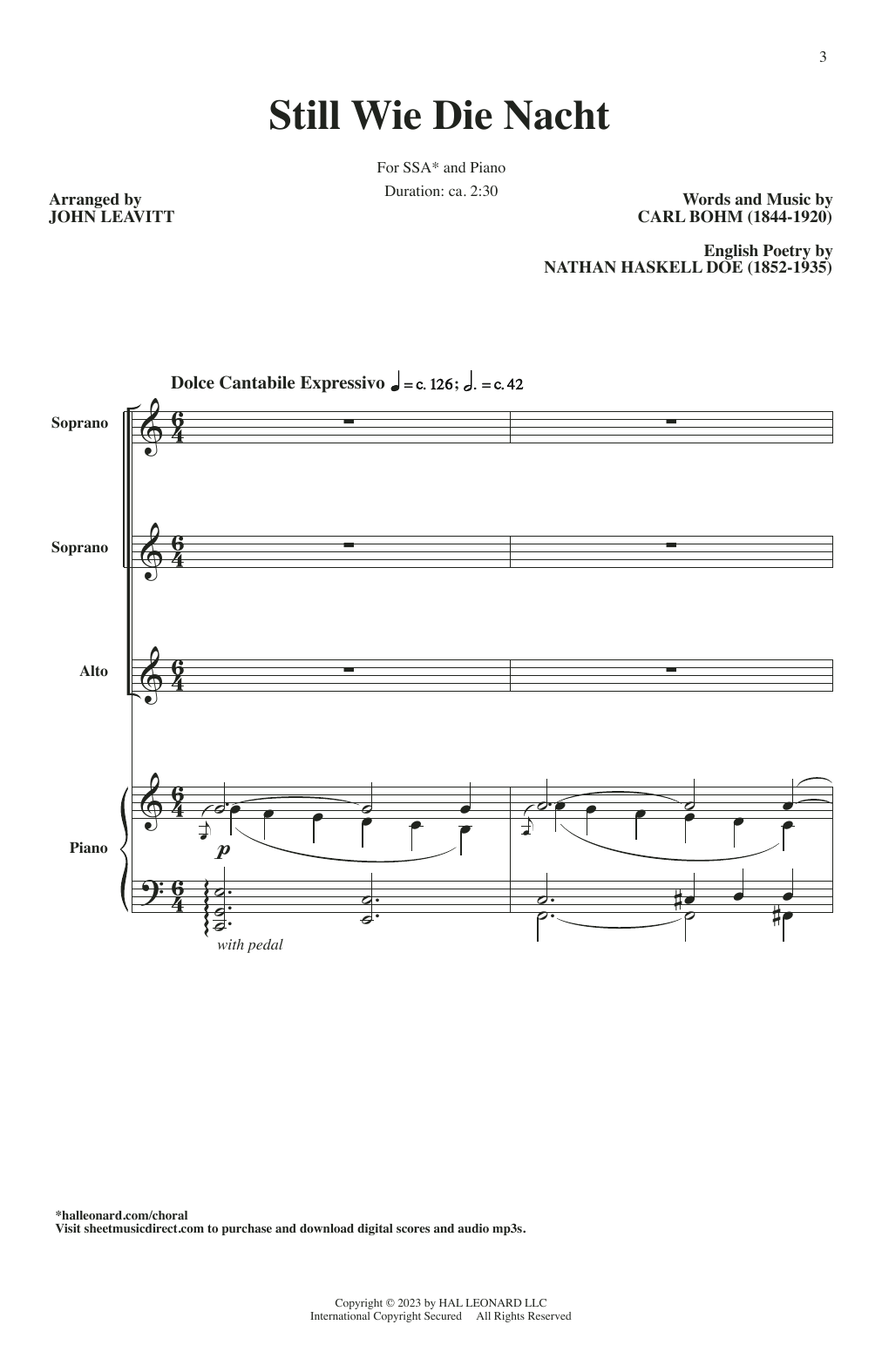Bohm, Carl Still Wie Die Nacht (Calm As The Night) (arr. John Leavitt) sheet music notes and chords arranged for SSA Choir