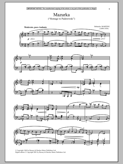 Bohuslav Martinu Mazurka, H284 (Homage To Paderewski) sheet music notes and chords arranged for Piano Solo